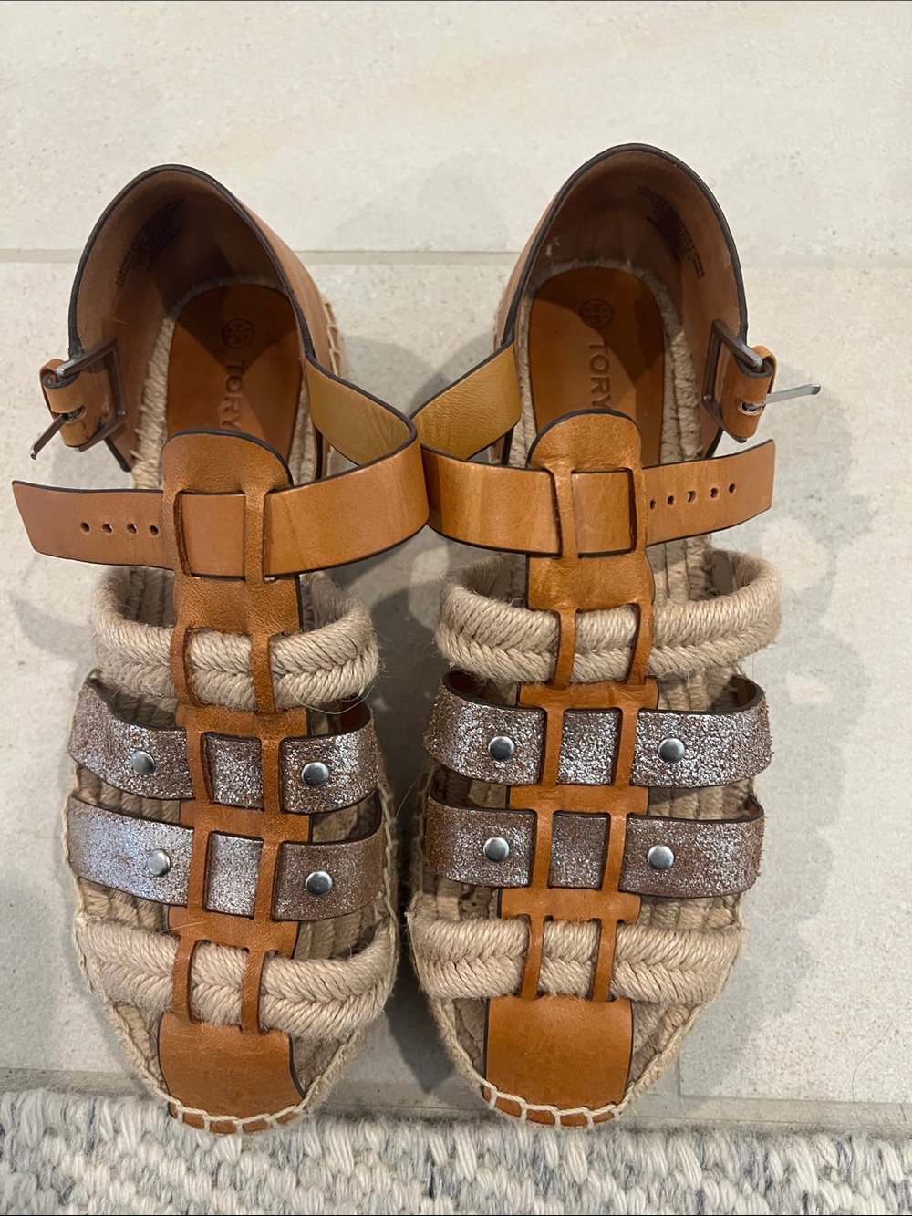 Tory Burch Tan Leather and Silver Espadrille Sandals